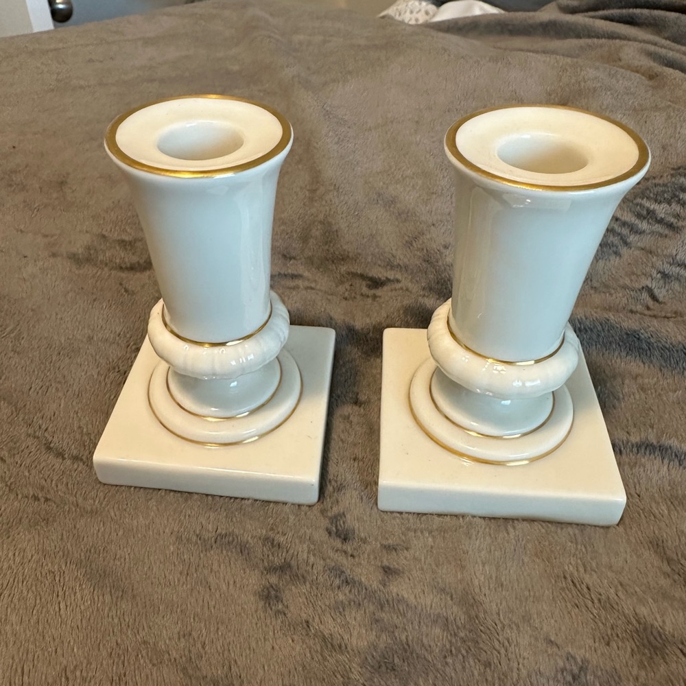 Lenox Candle Stick Ivory Taper Holder Soft Cream with Gold Trim
